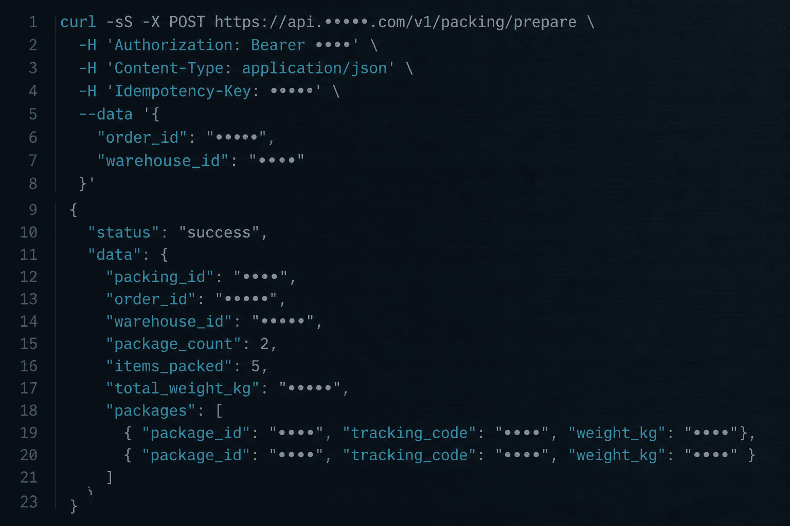 Фрагмент запроса и ответа API расчёта загрузки